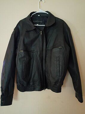 Context Genuine Leather Bomber Flight Jacket Men's Size L Black Quilted Lined